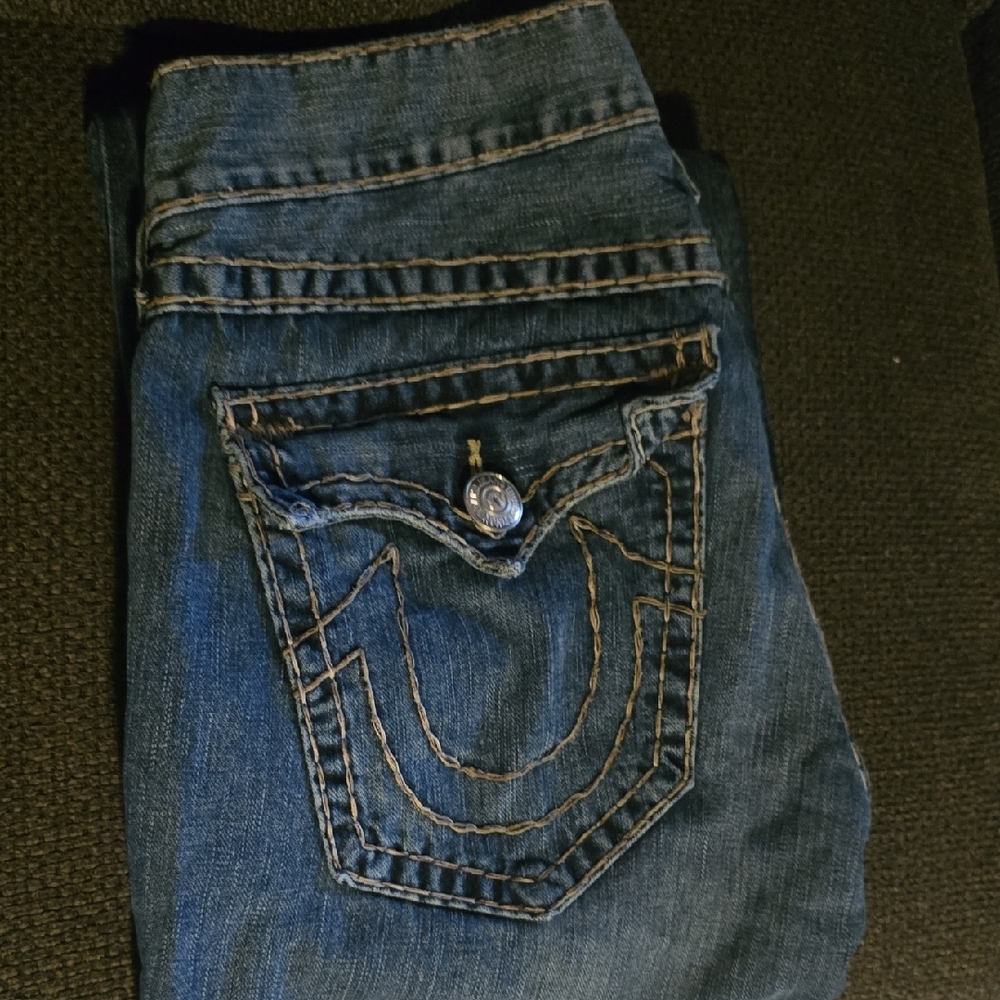 True Religion Blue Denim Wide-Leg Jeans with Embroidered Pockets - Picture 5 of 5
